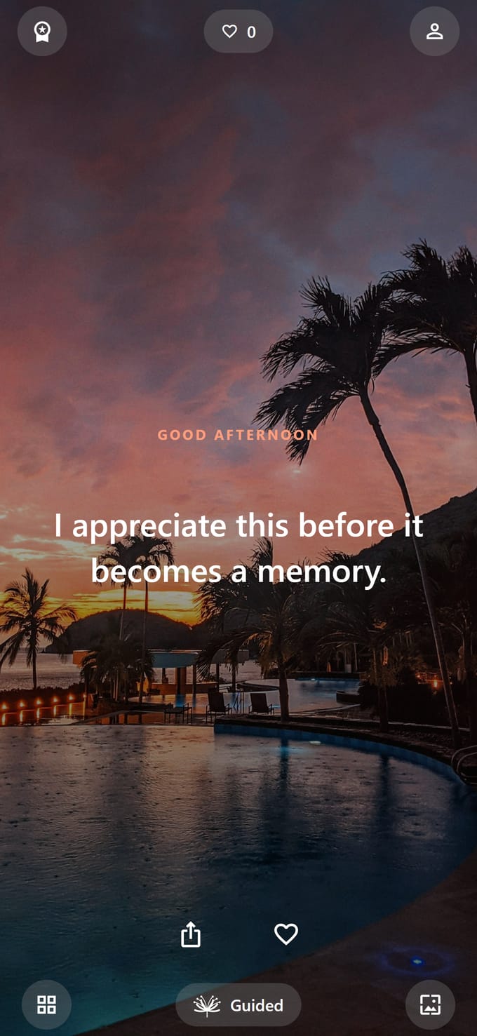 Soul Lift's home screen: the affirmation "I appreciate this before it becomes a memory." set over a sunset photograph, with the guided session and background controls beneath it.
