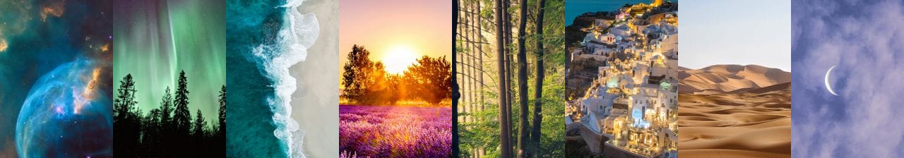 Eight of Soul Lift's backgrounds side by side: a nebula, an aurora, surf, a lavender field, a forest, a whitewashed hillside town, desert dunes and a crescent moon.