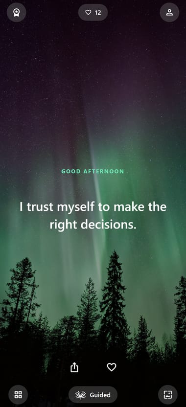 The same home screen on a different background: "I trust myself to make the right decisions."