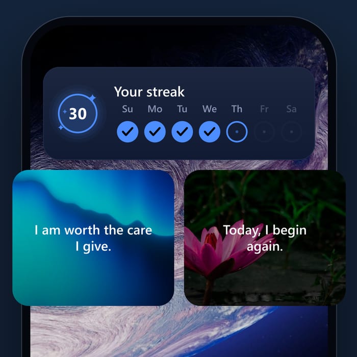 Three Soul Lift widgets on an iPhone Home Screen: a streak widget showing 30 days and a week of ticks, and two affirmation widgets reading &ldquo;I am worth the care I give&rdquo; and &ldquo;Today, I begin again&rdquo;.